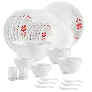 CELLO Scarlet Bliss Dazzle Series Opalware Dinner Set for Family of 6 | Bone-Ash Free