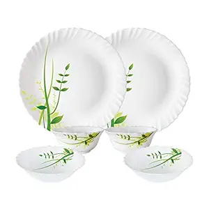 Larah by Borosil Fluted Series Green Herbs Opalware Dinner Set | 6 Piece for Family of 2 | Microwave & Dishwasher Safe | Bone-Ash Free | Crockery Set for Dining & Gifting | Plates & Bowls | White