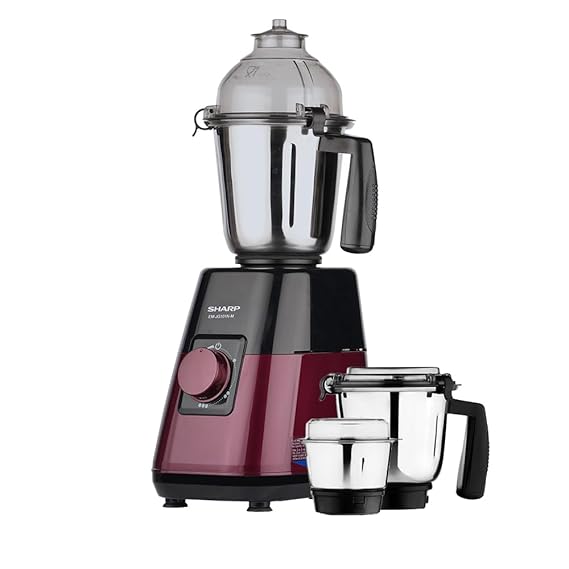 SHARP Mixer Grinder 1000 Watts Powerful Copper Motor I 3 Speed + Pulse I 3-Jar I Auto Cut-Off I Leakproof And Airtight Lid I Stainless Steel Blade I 2024 Model Em-G101N-M I Maroon
