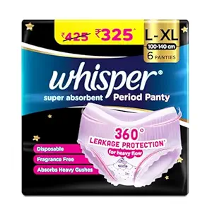 Whisper Super Absorbent Period Panty, 6 L-XL Pants, 360 Degree Leakage Protection* for Heavy Flow, Panty like Fit, Full back Coverage, Absorbs Heavy Gushes, Silky Soft, Comfortable Feel