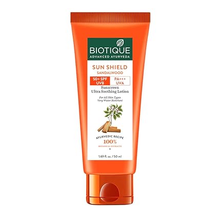 Biotique Bio Sandalwood Sunscreen Ultra Soothing Face Lotion, SPF 50+ | Ultra Protective Lotion | Keeps Skin Soft, Fair and Moisturized | Water Resistant | For All Skin Types | 50ml