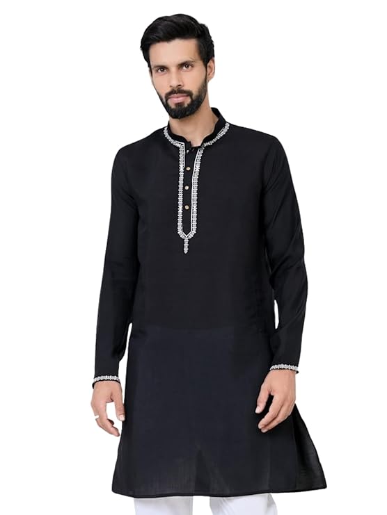 See Designs Men's Full Sleeve Mandarin Collar Sequins Embroidered Chanderi Straight Long Kurta