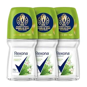 Rexona Matcha Tea & Vanilla Antiperspirant Roll-On | for Women | 72H Odour Protection | Limited Edition Pack - ICC Women’s Cricket World Cup India 2025 |50 ML (Pack of 3)