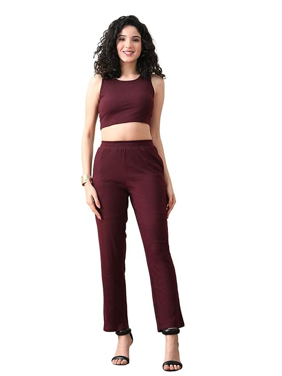 Women's Maroon Ribbed Sleeveless Co-ord Set | Stylish Crop Top & High-Waist Pants