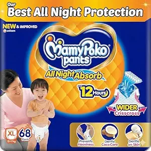 Mamypoko pants All night absorb| Pant Style Baby Diapers X- Large Size(XL), 68 Count, Ideal for 12-17Kgs|1 Diaper= Upto All night Absorption|Wider Crisscross Sheet|Gentle Coco Care| 12hr Leakage Protection| Prevents Heaviness (Pack of 2)