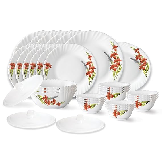 Larah by Borosil Red Iris Fluted Series Opalware Dinner Set | 31 Pieces for Family of 6 | Microwave & Dishwasher Safe | Bone-Ash Free | Crockery Set for Dining & Gifting | Plates & Bowls | White