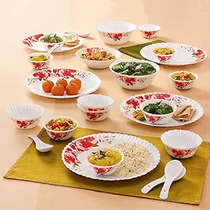 Larah by Borosil Rose Red Silk Series Opalware Dinner Set | 27 Pieces for Family of 6