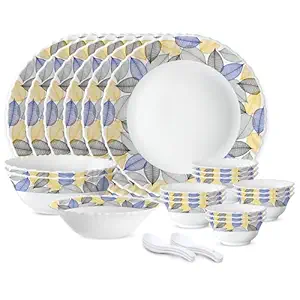 Larah by Borosil Silk Series Kora Opalware Dinner Set | 27 Pieces for Family of 6 | Microwave & Dishwasher Safe | Bone-Ash Free | Crockery Set for Dining & Gifting | Plates & Bowls | Leaf Pattern