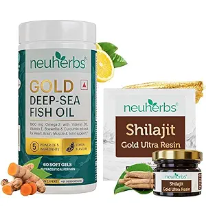 Neuherbs Gold Deep Sea Omega 3 Fish Oil 60 Softgels & Shilajit Gold Ultra Resin 20 gm For Men & Women | 1080mg EPA & 720mg DHA | Omega-3 & Shilajit Combo Pack for Heart, Brain, Muscle & Joint Support