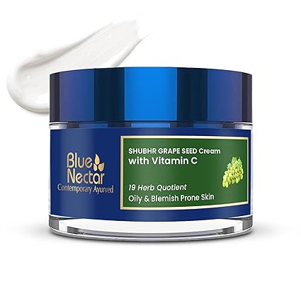 Blue Nectar Plant Based Vitamin C Face Moisturizer for Oily Acne Prone Skin with Grapeseed | Oil Free Lightweight Cream for Women (19 herbs, 50g)