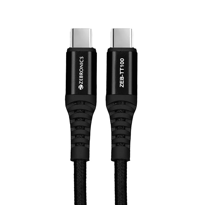 ZEBRONICS TT100 Type C - Type C Cable, 100 Watts PD, Rapid Charging, Charge & Sync, 1.5 Meter, Compatible with iPhone 15 | Samsung | OnePlus | Xiaomi | Realme | Oppo
