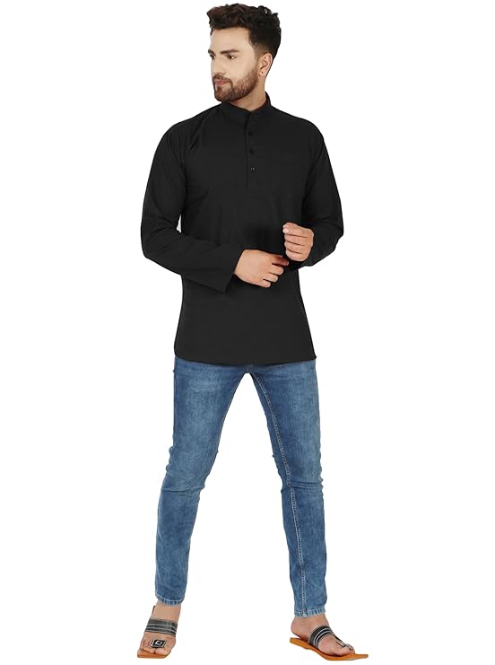 Men's Pure Cotton Solid Kurta Long Sleeves Band Collar Casual Shirt