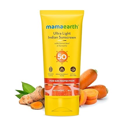 Mamaearth Ultra Light Indian Sunscreen with Carrot Seed & Turmeric | SPF 50 PA ++++ | UVA & UVB Protection | Tan Protection | No White Cast | Non-Greasy & Quick Absorbing | Super Lightweight | Suits All Skin Types | In-Vivo Tested | 80 g