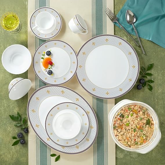 Larah by Borosil Regalia Grace Opalware Dinner Set | 61 Pcs for Family of 8 | Microwave & Dishwasher Safe | Bone-Ash Free | Crockery Set for Dining & Gifting | Plates & Bowls