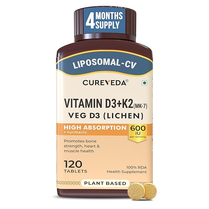 Cureveda Liposomal Vitamin D3 600 IU + K2-7 & Turmeric | 120 Tablets
