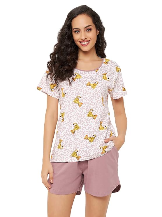 Clovia Women's Cotton Printed Giraffe Print Top & Chic Basic Shorts Set