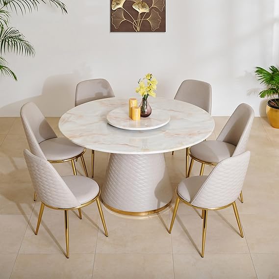 Home Centre Vegas Faux Marble Top 6-Seater Dining Set with Chairs - Beige