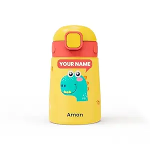 Rabitat Milo Personalized Stainless Steel Water Bottle 350ml | 2 Year Brand Warranty | BPA Free | Leakproof Steel Sipper Bottle for Kids | Flip Lock Lid with Straw | Easy Carry Handle Dino Dash