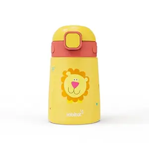 rabitat Milo Stainless Steel Water Bottle 350ml | 2 Year Brand Warranty | BPA Free | Leakproof Steel Sipper Bottle for Kids | Flip Lock Lid with Straw | Easy Carry Handle | Sunny Roar
