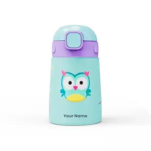 rabitat Milo Personalized Stainless Steel Water Bottle 350ml | 2 Year Brand Warranty | BPA Free | Leakproof Steel Sipper Bottle for Kids | Flip Lock Lid with Straw | Easy Carry Handle Sky Hoot