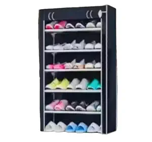 Compact 6-Layer Shoe Rack Stand with Plastic Pipe Construction Dust Proof Cover for Home Use Black