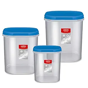 MILTON Quadra Modular Multi-Purpose Plastic Containers with Lid, Set of 3 (6L, 8L, 12L) Kitchen Storage Container Set for Spices, Atta, Grains Organizers, Transparent Dabba, Blue
