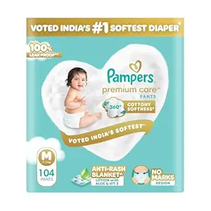 Pampers Premium Care Pant Style Baby Diapers | Medium (M size) | 104 Count | Voted India's Softest | All-in-1 with 360 Cottony Softness Diapers | 7-12kg