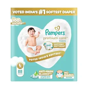 Pampers Premium Care Pant Style Baby Diapers | Large (L size) | 88 Count | Voted India's Softest | All-in-1 with 360 Cottony Softness Diapers| 9-14kg