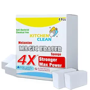 Kitchen Clean 4X Stronger Magic Eraser wall, Stain Remover Scrub Sponge, Chemical Free Happy Planet Magic Eraser for Home Cleaning, Switch Boards, Counter Tops, Stove, Tile, Taps (Pack of 4)