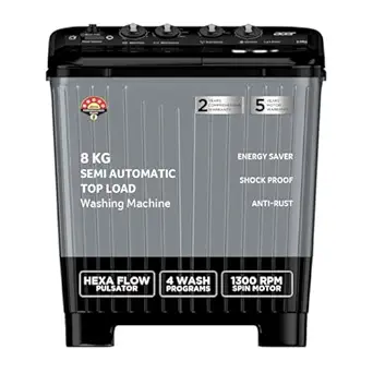 Acer 8.0 Kg 5 Star Semi-Automatic Top Loading Washing Machine(AR80SAMBGL124D, Black-Grey, 4 Wash Programs, Hexa Flow Pulsator, Advanced Lint Filter)