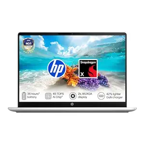 HP Omnibook 3, Snapdragon X Processor, 45 TOPS (16GB LPDDR5x, 512GB SSD) 2K, WUXGA, IPS, 14''/35.6cm, Win 11, Office 24, Silver, 1.4kg, hz0026QU, FHD IR Camera, 42% Lighter mini GaN Charger, AI Laptop
