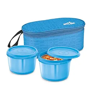 MILTON Graze Big Lunch Box, 2 Round Inner Steel Microwave Safe Containers 450 ml Each with Insulated Bag, Odour Proof, Tiffin for Office Men, Women, Leak-Proof Containers, Easy to Carry, Blue