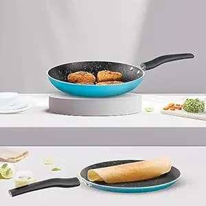 Borosil Festive Glory Non-Stick Set of 2 Tawa (25 cm) and Fry Pan (24 cm), Gas Stove & Induction Compatible, Metal Spoon Friendly, Blue Exterior, Thick Uniform Body, Stir Fry Pan, Tava for Prantha