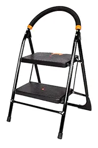 CIPLA PLAST 2 Step Ladder for Home use | Heavy Duty Alloy Steel Foldable Step Ladder with Anti Skid Shoes and Extra Strong Wide Steps Milano 2 Steps | GEC-L2M (Black)
