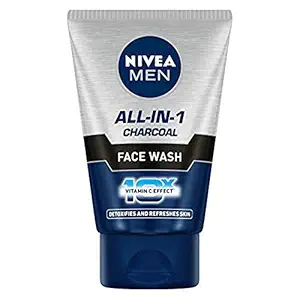 NIVEA MEN All in 1 Charcoal Face Wash 100 g | With Charcoal, Mulethi & Mint for complete detox in Summer | 10 X Vitamin C Effect for Radiant Skin | For detoxified and refreshed skin