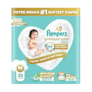 Pampers Premium Care Pant Style Baby Diapers, Medium (M), 20 Count, 7-12kg, All-in-1 with 360 Cottony Softness Diapers