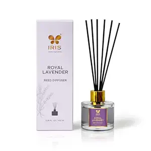 IRIS Aroma Reed Diffuser 100ml | Elegant Home Fragrance with 6 Fiber Reeds, Glass Round Bottle with Gold Cap | Aroma Diffuser for Cozy Dcor & Gifting (Royal Lavender)