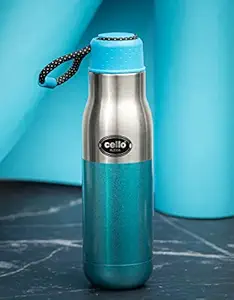 Cello Alexia Insulated Flask | Hot and Cold Stainless Steel Water Bottle | Double Walled Carry Flask for Travel, Home, Office, School | 600 ml, Blue
