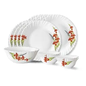 Larah by Borosil Red Iris Fluted Series Opalware Dinner Set | 13 Pieces for Family of 4 | Microwave & Dishwasher Safe | Bone-Ash Free | Crockery Set for Dining & Gifting | Plates & Bowls | White