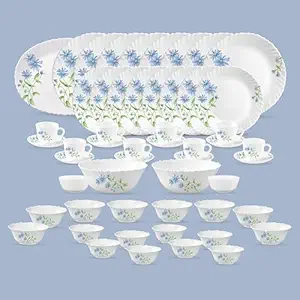 La Opala Diva Classique Collection Opal Glass Crockery | for Family of 8 | Dinner Set 53 pcs Blue Daisy | Plates, Bowls & Cups for Dining | Microwave Safe | 100% Vegetarian | Extra Strong | White