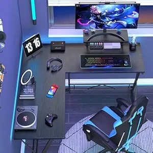 Amazon Brand Solimo L-Shaped Desk: Laminated Engineered Wood Finish | Ideal for Home Gaming | Office Writing | Computer Use with Large Monitor Stand | Space-Saving Design | Black