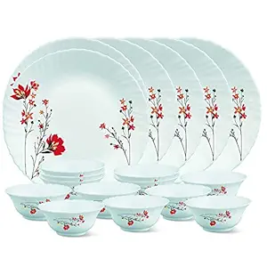 Larah by Borosil Glass Chrys RedThali Set (White) - 18 Pieces