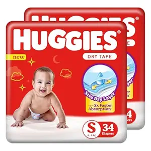 Huggies Dry Tape | Adjustable Tape Style Baby Diapers, Small (S) Size (4-8 Kgs), Combo Pack of 68 | Up To 2X Faster Absorption, Up To 12 Hours Overnight Absorption (34 Count, Pack of 2)