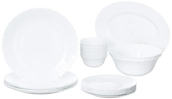Larah by Borosil Fluted Series Snow Opalware Dinner Set | 21 Piece for Family of 6 | Microwave & Dishwasher Safe | Bone-Ash Free | Crockery Set for Dining & Gifting | Plates & Bowls | White