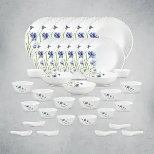 La Opala Opal Glass Crockery | for Family of 6 | Dinner Set 35 pcs Floral Fountain | Plates & Bowls for Dining | Microwave Safe | 100% Vegetarian | Extra Strong | Extra Light & White