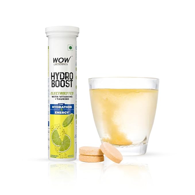 WOW Life Science Hydroboost Electrolytes Low Sugar Energy Drink For Instant Hydration - 20 Effervescent Tablets (6 Litres) With 5 Essential Electrolytes + Vitamins (B6, B12, C & D) | Lemon Flavour