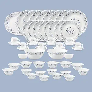 La Opala Diva Classique Collection Opal Glass Crockery | for Family of 8 | Dinner Set 53 pcs Blue Mystique | Plates, Bowls & Cups for Dining | Microwave Safe | 100% Vegetarian | Extra Strong | White