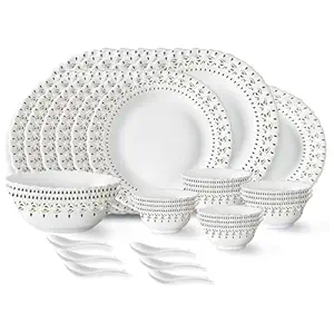 Larah by Borosil Ora Gold Fluted Series Opalware Dinner Set of Plate, Veg Bowls, Soup Bowl, Spoons, Serving Bowl and Oval Rice Plate | Bone-Ash Free Crockery Set for Dining (White, 33 Pieces)