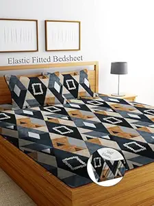 DECORUM Glace Cotton Fitted 1 Bedsheet King Size (72"x78") | All Around Elastic | Cotton Feel | 2 Pillow Covers (17"x27") | Fits Up to 8" Mattress | 200-220 TC | Printed Double Bed Sheet Set