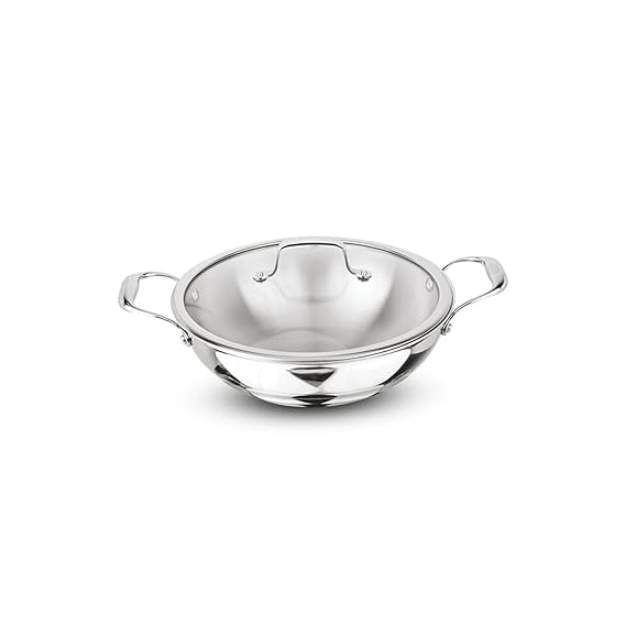 Signoraware Artista Tri Ply Stainless Steel Shallow Kadhai 22cm with Glass Lid | Induction & Gas Compatible | Durable | Ideal for Stir Frying & Sauteing | Best for Curry & Gravies (2.1 LTR | Steel)